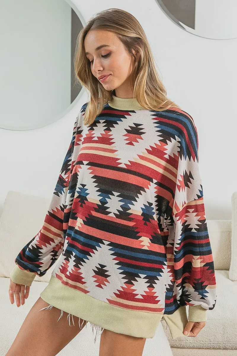 Aztec Print Mirr Mock Neck Lslv Top, image 8