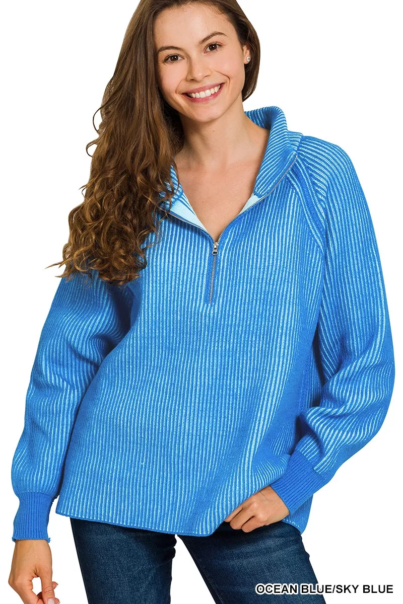Ribbed Two Tone Half Zip Sweater, image 3