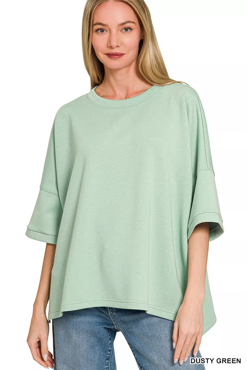Full Size Scuba Round Neck Top With Side Slits Plus Size