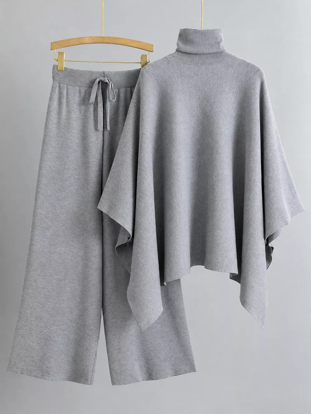 Elegant Turtleneck Poncho Sweater and Wide-Leg Knit Pants Set, image 14