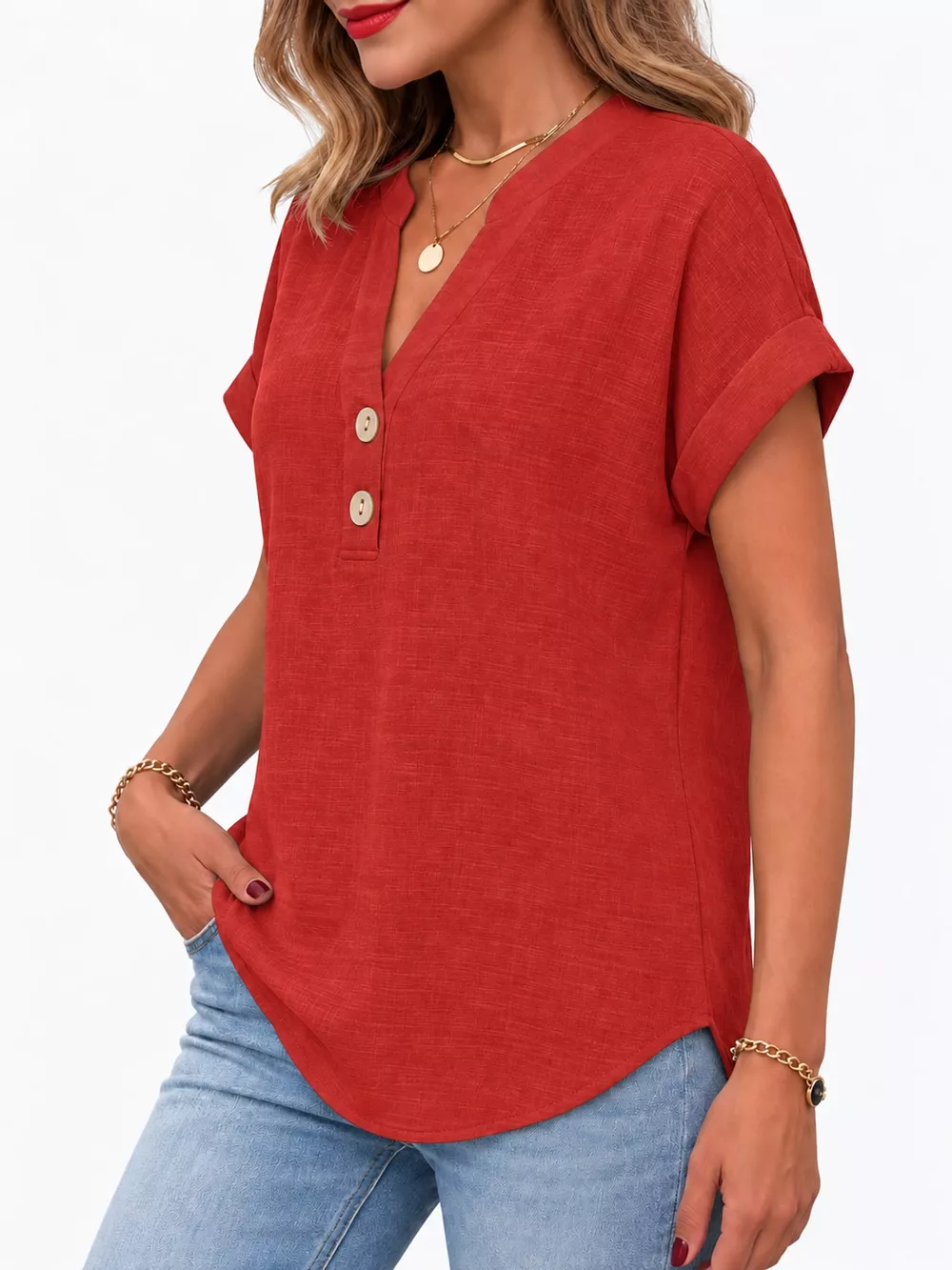 Full Size Button Detail Short Sleeve Blouse Plus Size, image 32