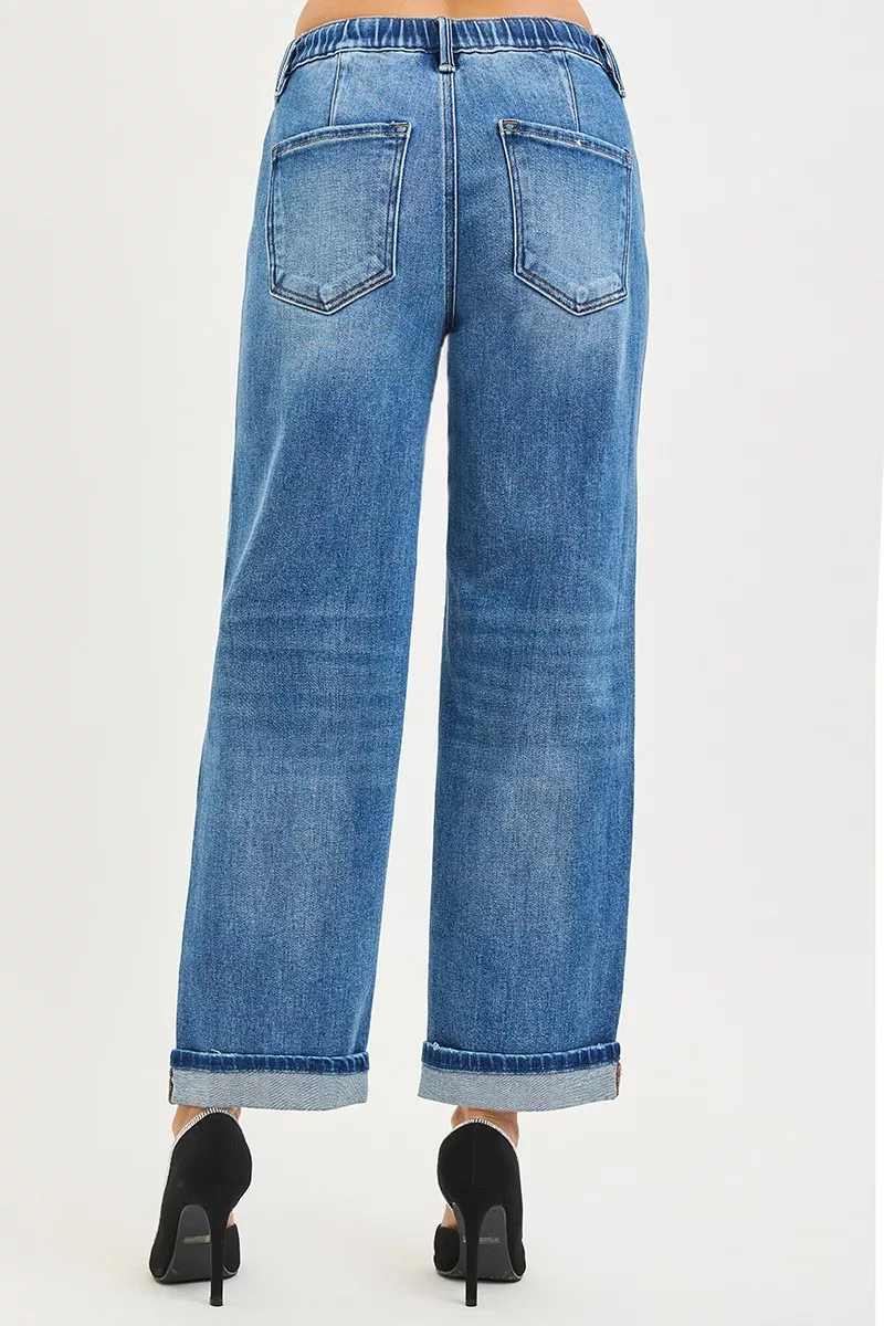 Elastic Band Slouch Ankle Boyfriend Cuffed Hem Jeans, image 2