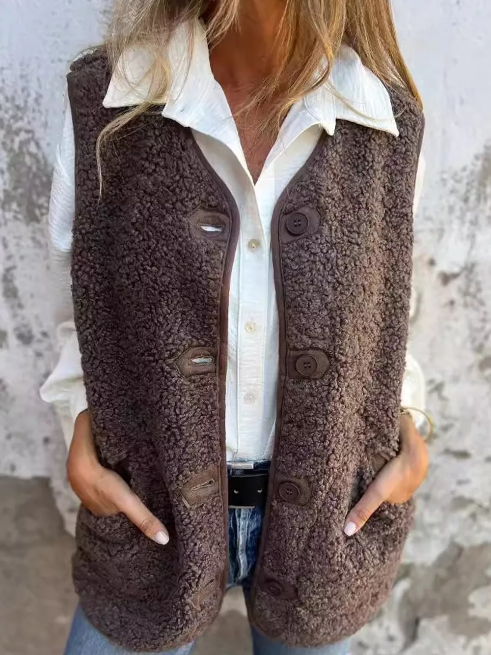 Full Size Sherpa Button-Down Vest Coat Plus Size