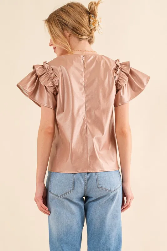 Faux Leather Ruffle Sleeves V Neck Top, image 2