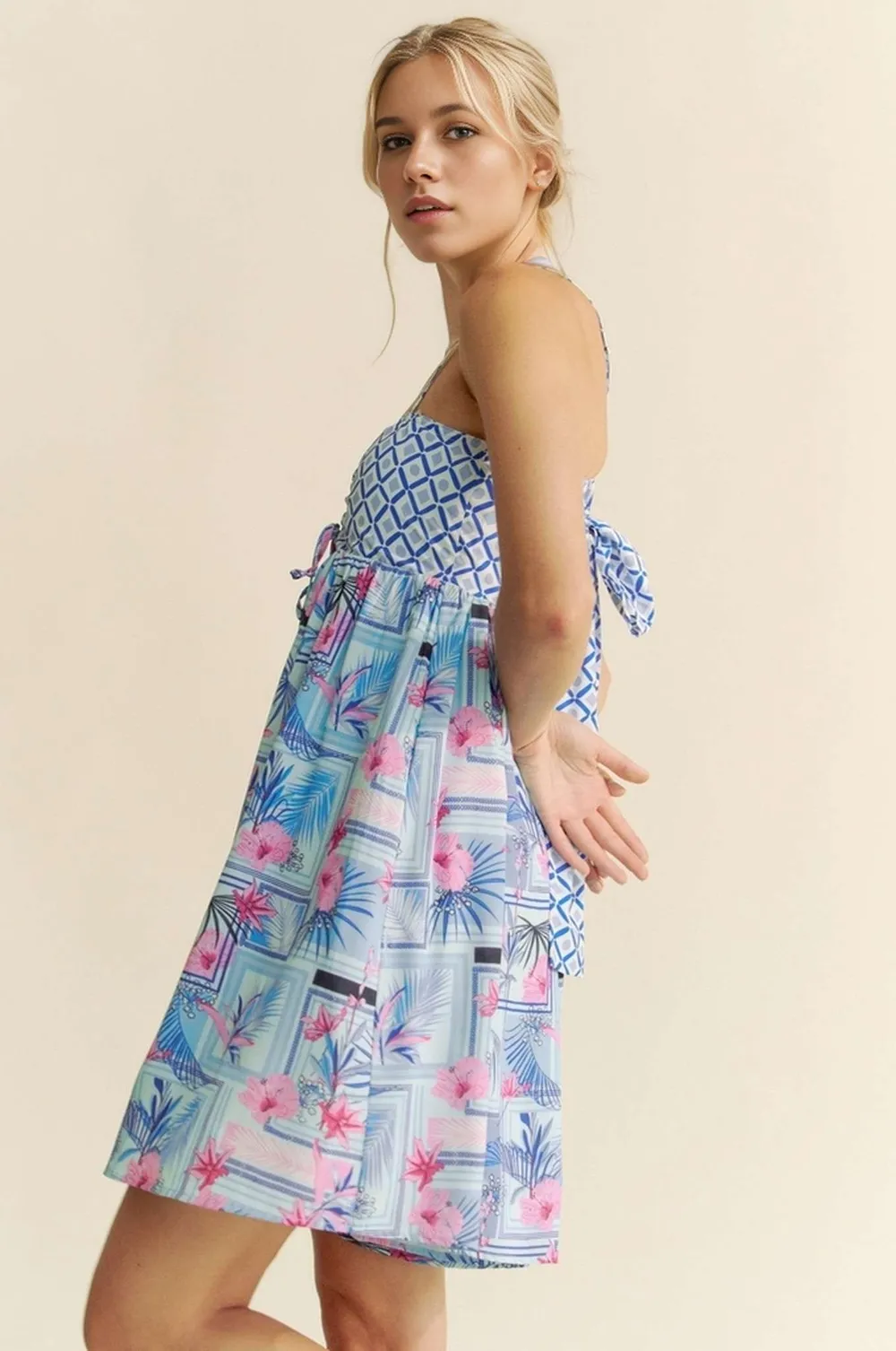 Tropical Floral Geo Print Tie Back Tube Top Romper, image 6