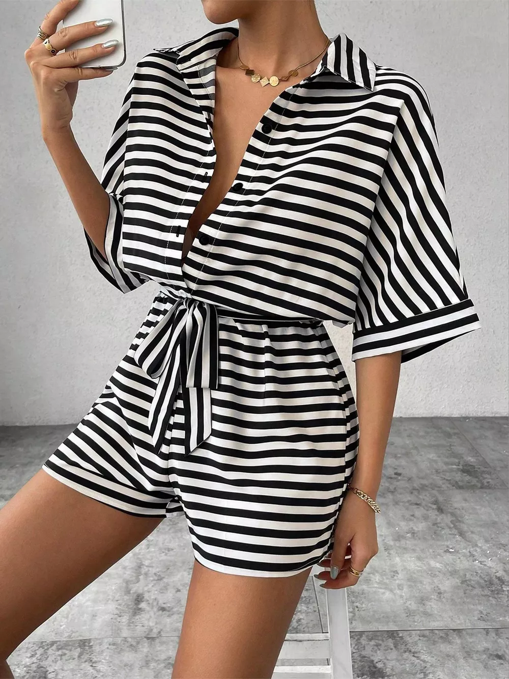 Striped Button-Up Belted Romper, image 5