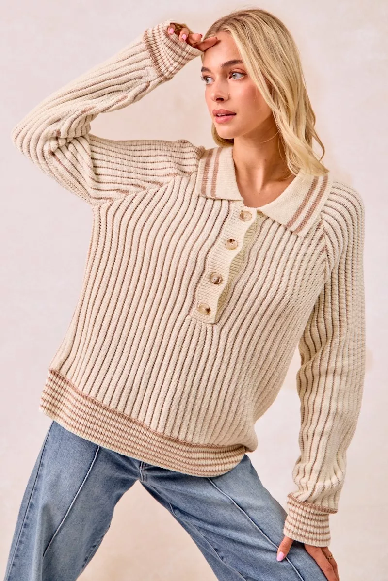 Half Button Ribbed Two Tone Sweater, image 6
