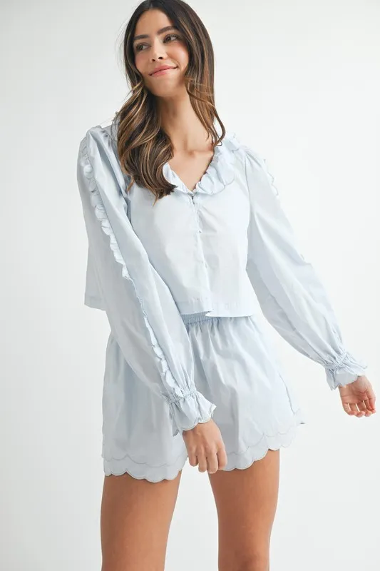 Long Sleeve Scallop Blouse and Shorts Set, image 3