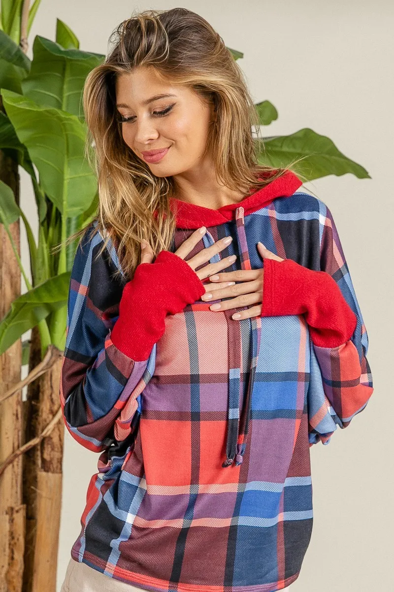 Plaid Mirr Brushed Rib Contrast Thumb Open Hoodie, image 2
