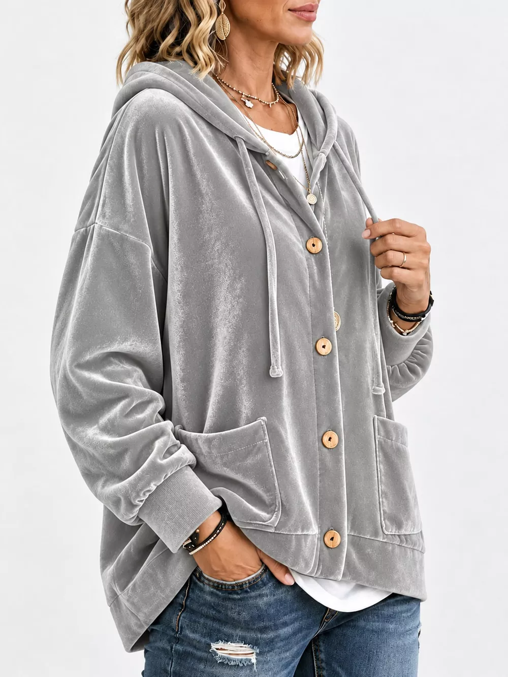 Full Size Velvet Dropped Shoulder Hoodie Plus Size, image 45