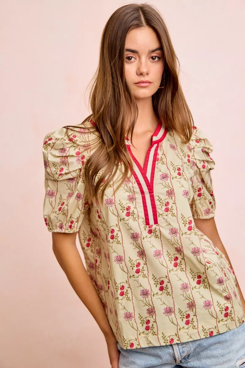 Floral Gather Sleeves Contrast Neckband Blouse Top, image 2