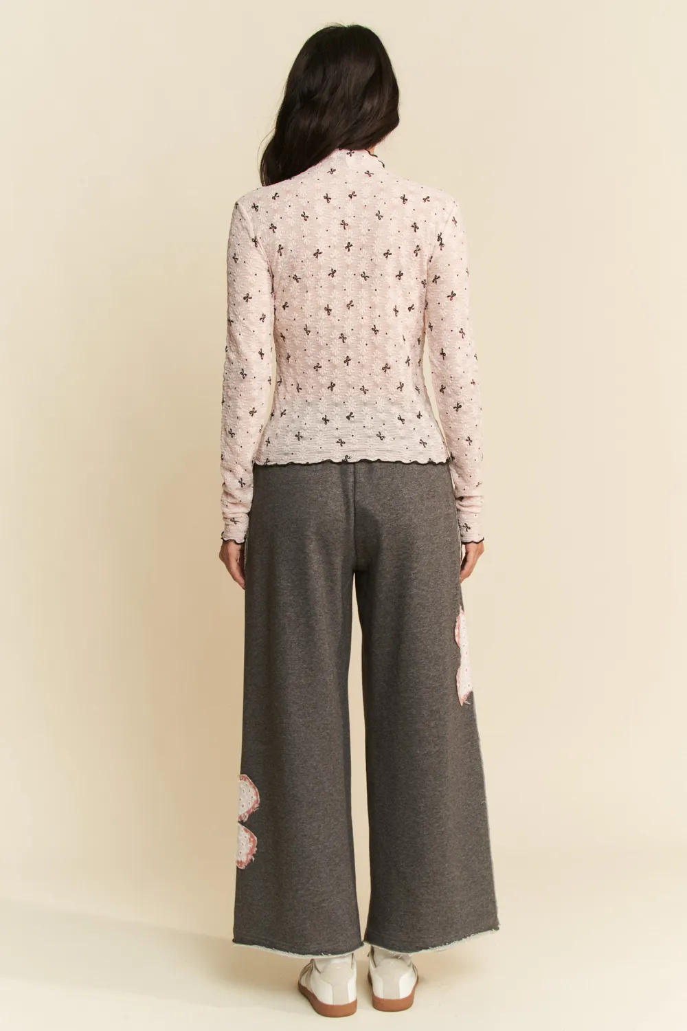 Ribbon Bow Lace Hem Long Sleeve Mesh Layering Top, image 3