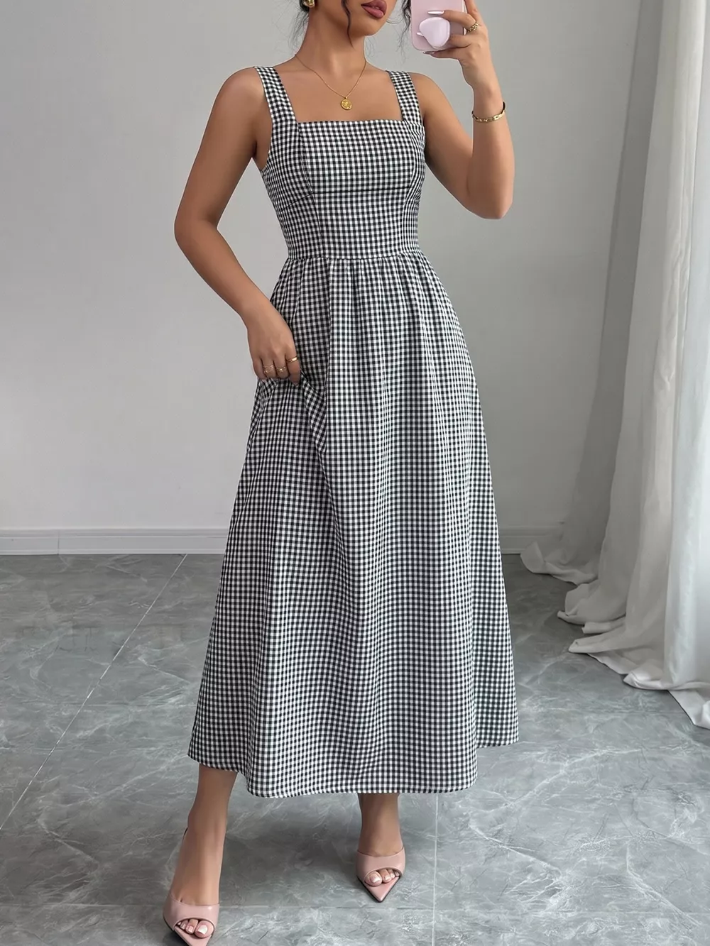 Square Neck Gingham Midi Dress, image 2