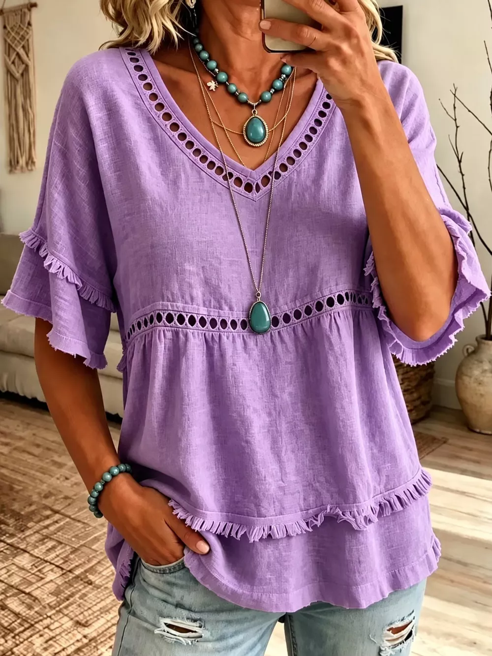 Full Size Frayed Hem V-Neck Blouse Plus Size, image 14