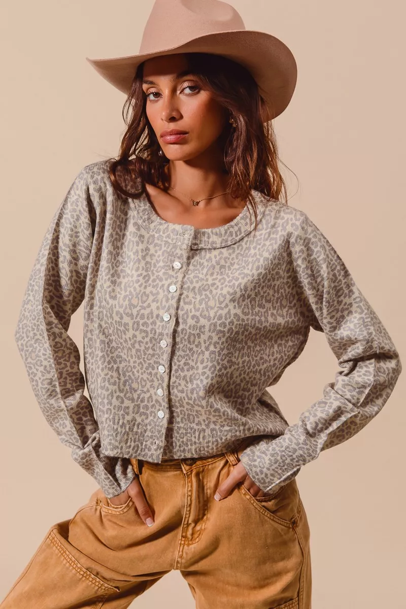 Two Tone Leopard Vintage Print Button Up Cardigan, image 3