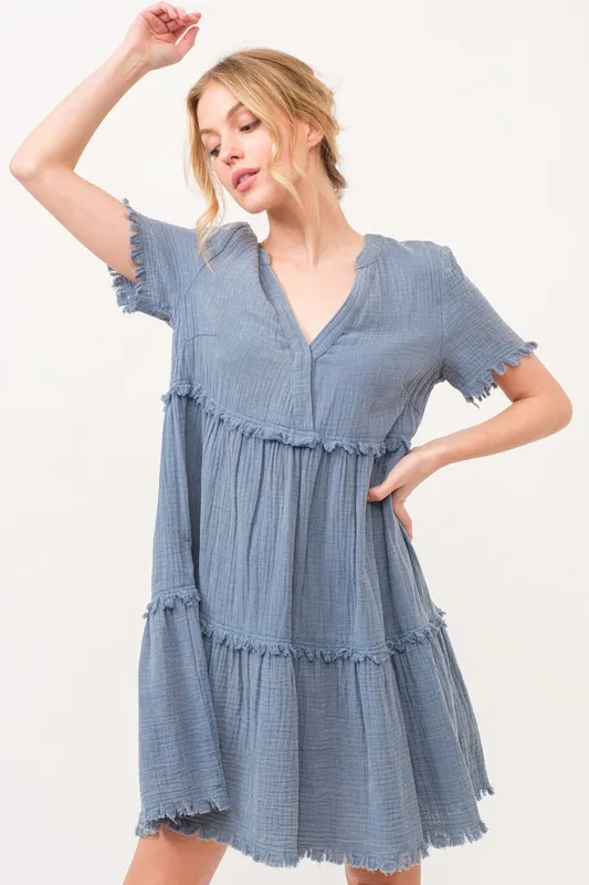 Washed Frayed Detail Tiered Dress, image 3
