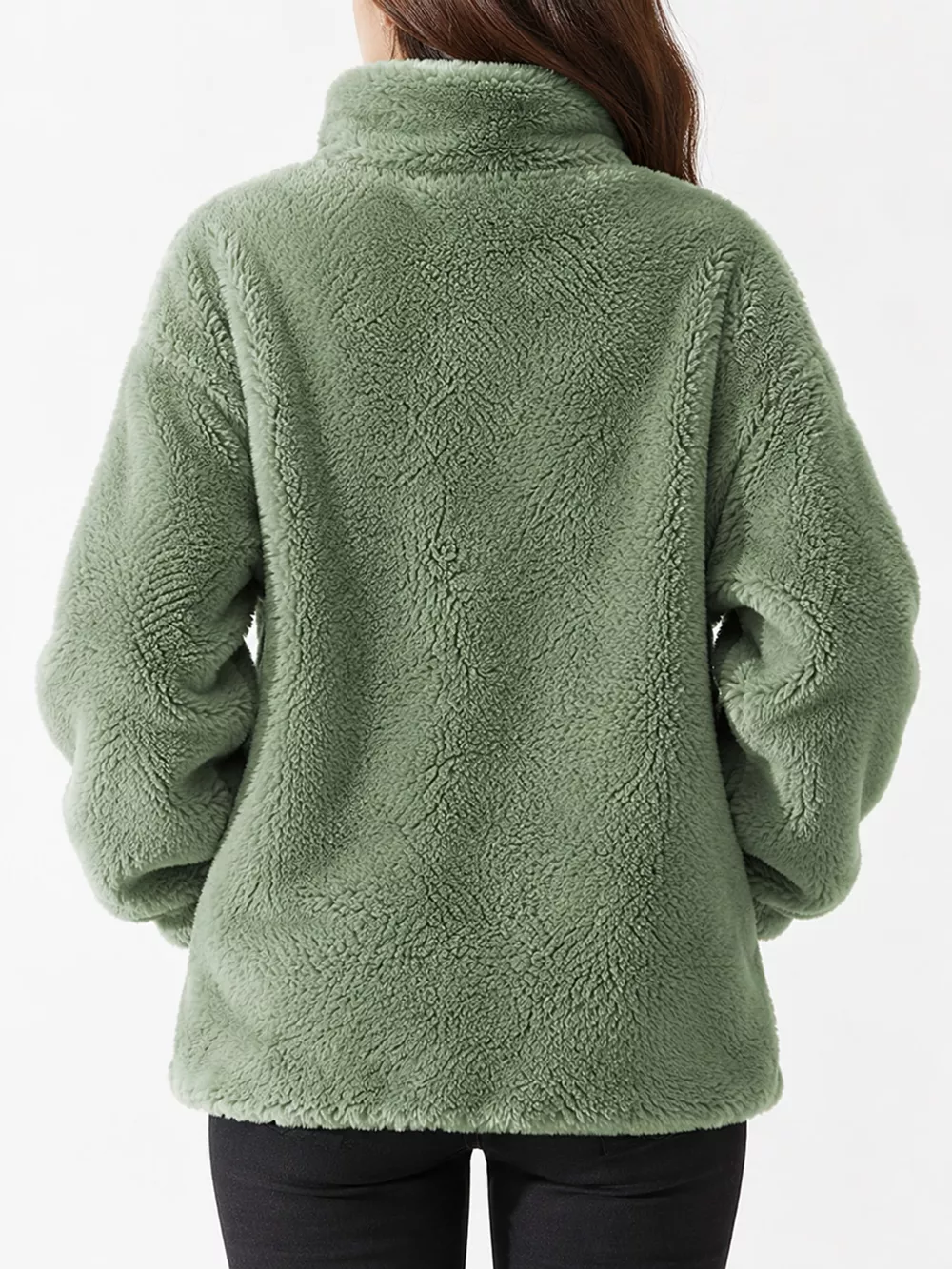 Full Size Drawstring Faux Fur Stand-Collar Zip-Up Outerwear Plus Size, image 4
