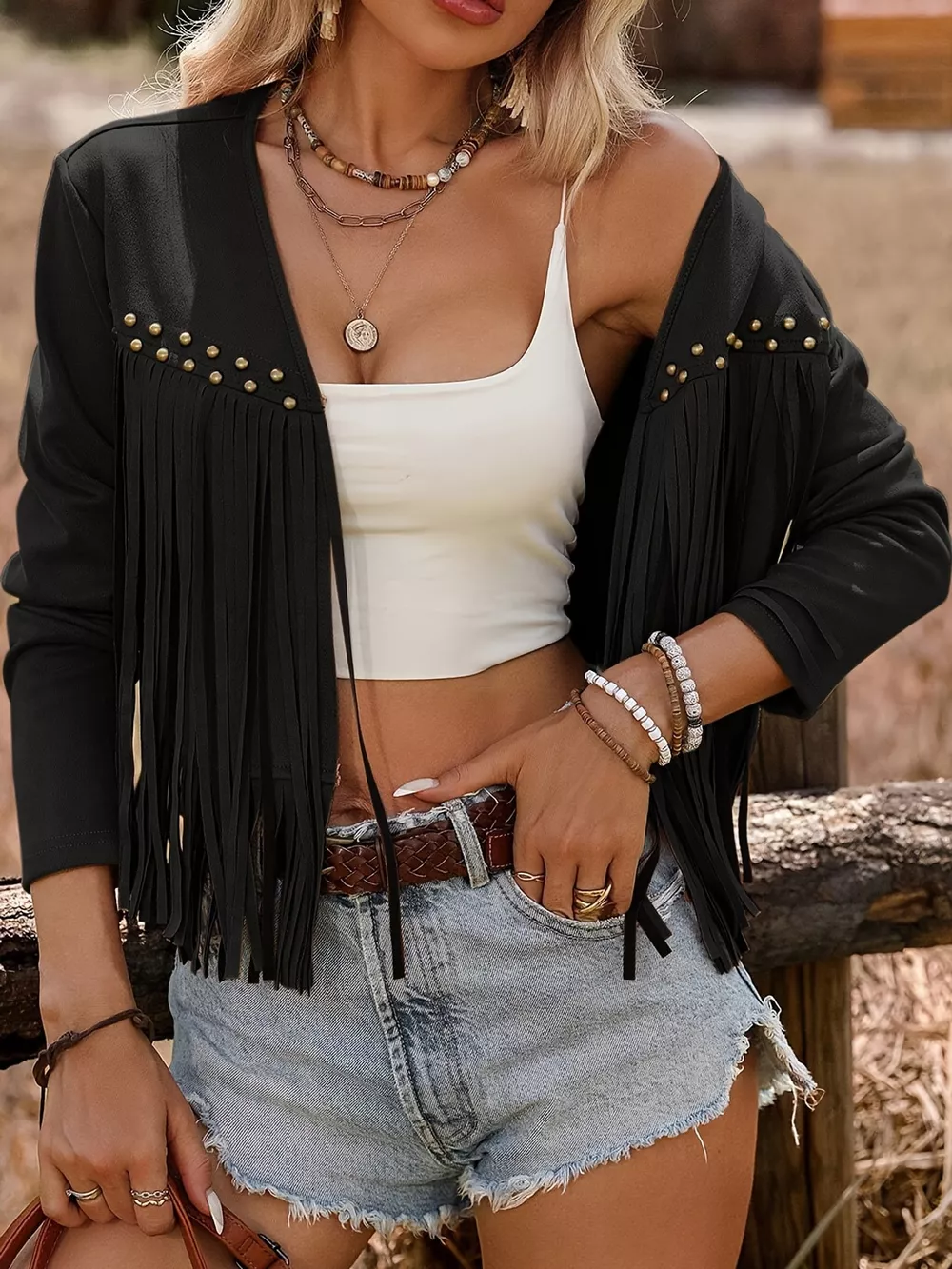 Studded Details Fringed Jacket, image 6