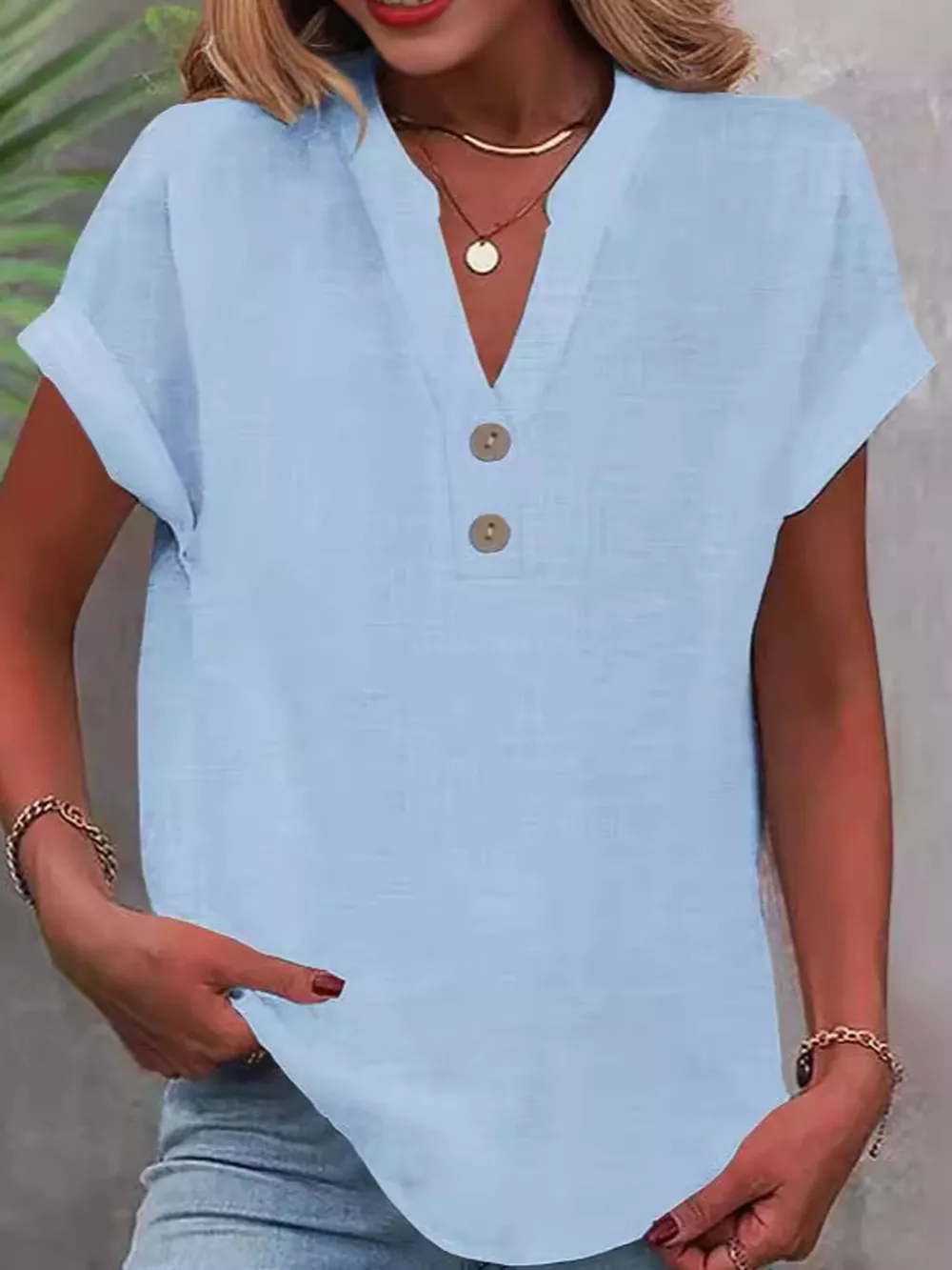 Full Size Button Detail Short Sleeve Blouse Plus Size, image 26
