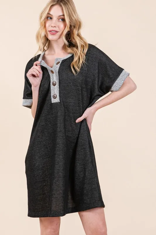 Casual Contrast Trim Henley Dress, image 2