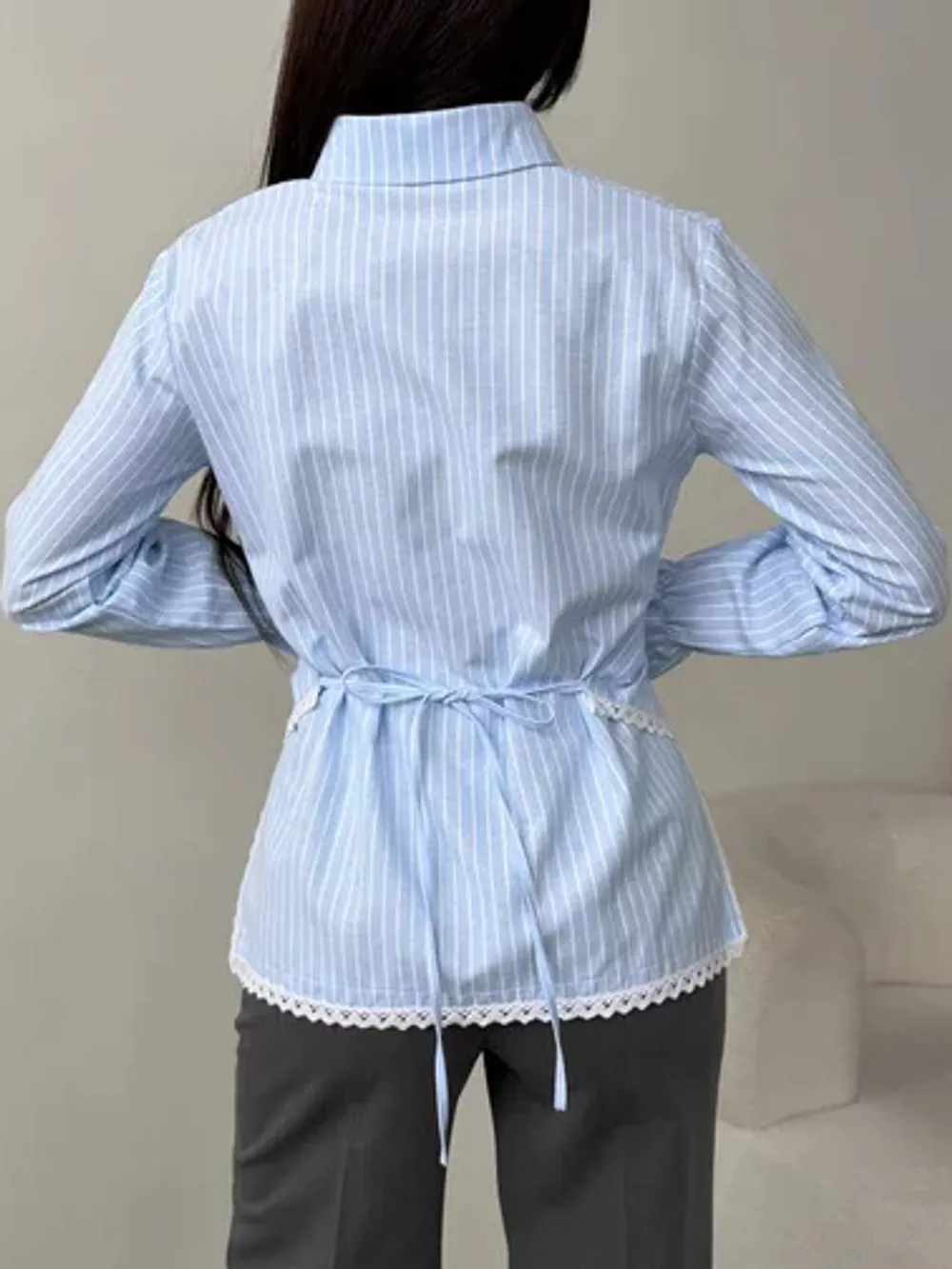 Lace Trim Long Sleeves Striped Shirt, image 12