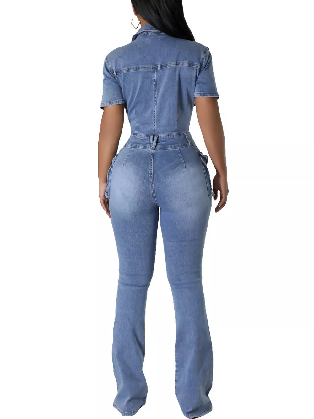 Slim-Fit Denim Jumpsuit with Utility Cargo Pockets and Flared Legs, image 7
