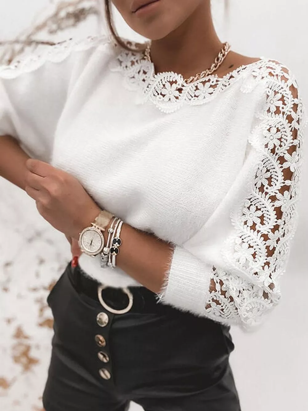 Lace-Trimmed Long Sleeve Sweater