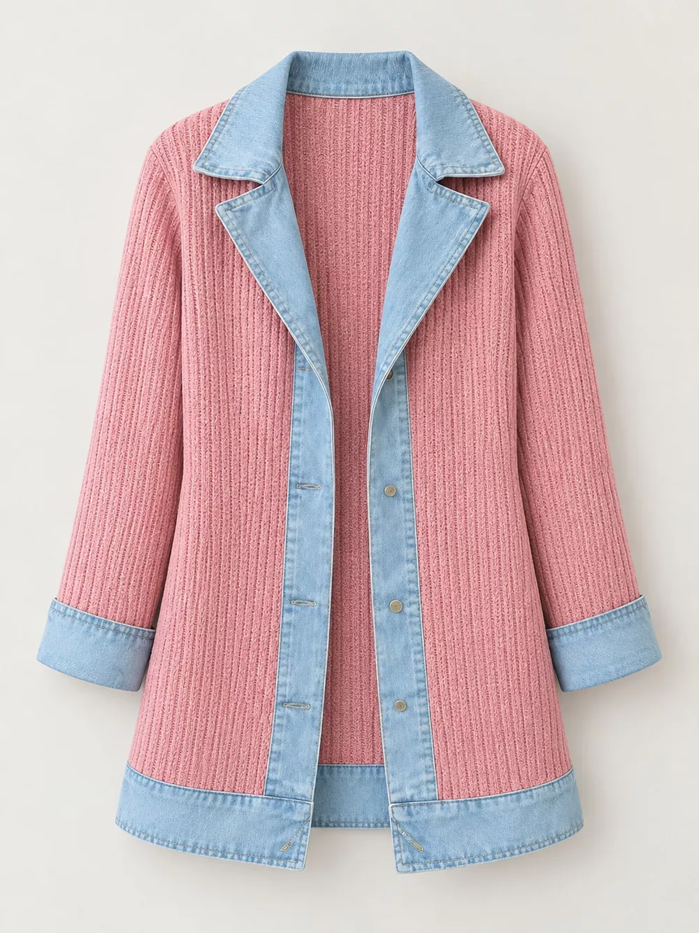 Full Size Denim Trim Ribbed Knit Cardigan Plus Size, image 40
