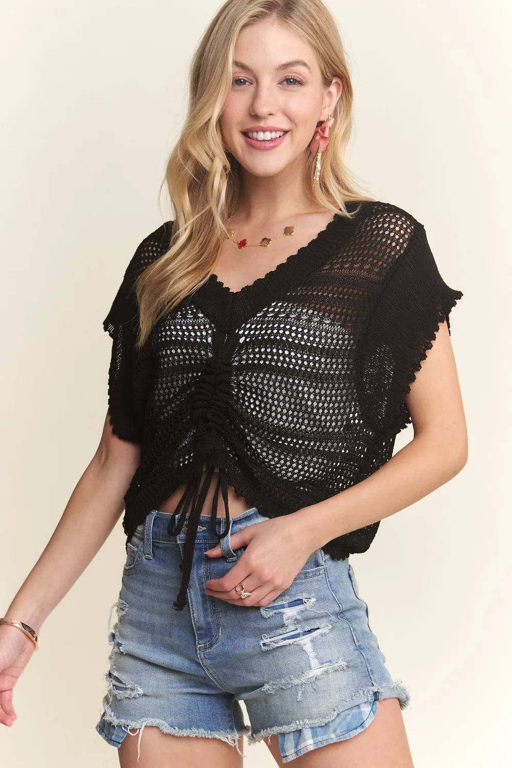 Drawstring Detail Crochet Top