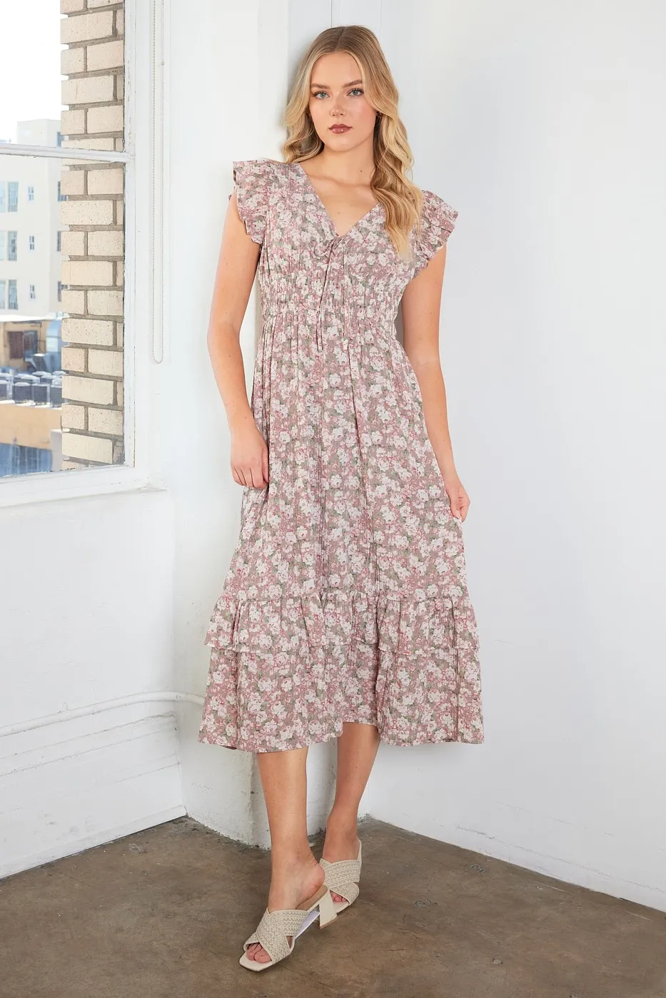 Flower Print Ruffle Cap Sleeve V-neck Midi Dress, image 7