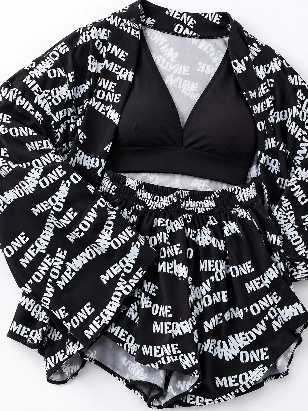 Geometric Cat Print Cardigan and Shorts Lounge Set, image 11