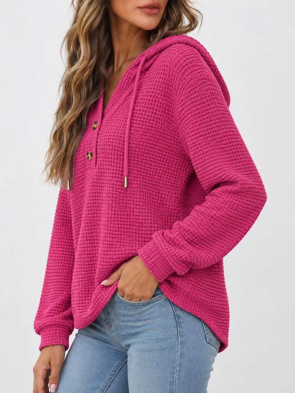 Full Size Waffle Knit Button Detail Hoodie Plus Size, image 53