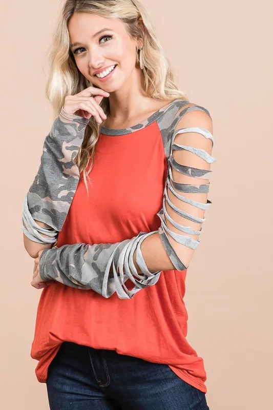 Jersey Knit Top with Camouflage Laser Cut Sleeves, image 7