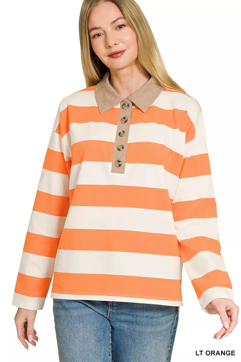 Zenana Striped Contrast Collar Polo Top
