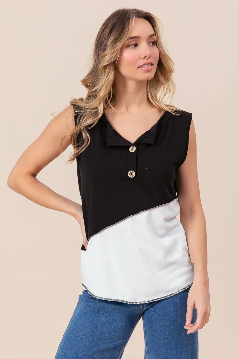 Color Block Contrast Stitching Buttoned Henley Top, image 14