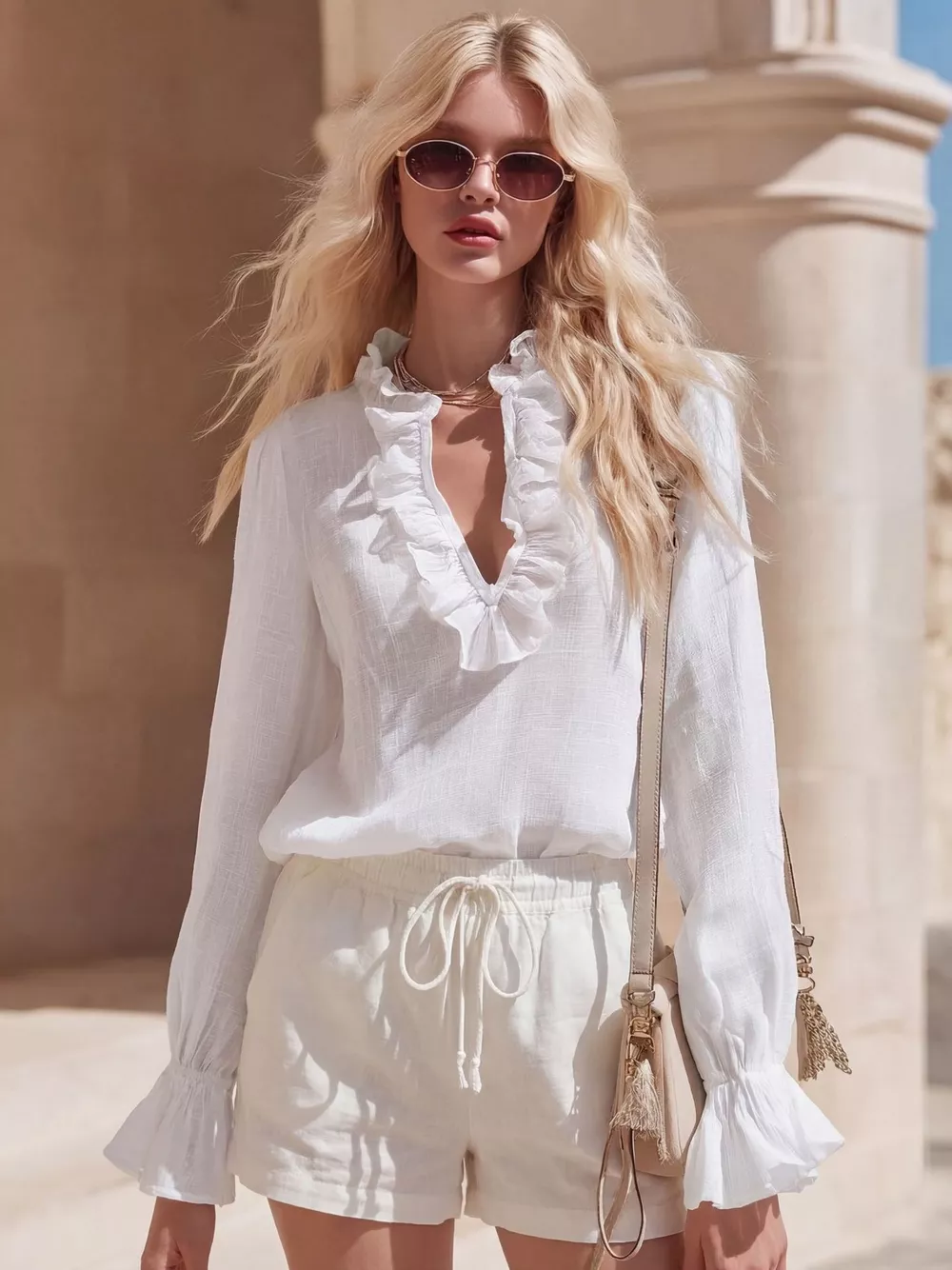 Ruffled V-Neck Long Sleeve Blouse, image 4