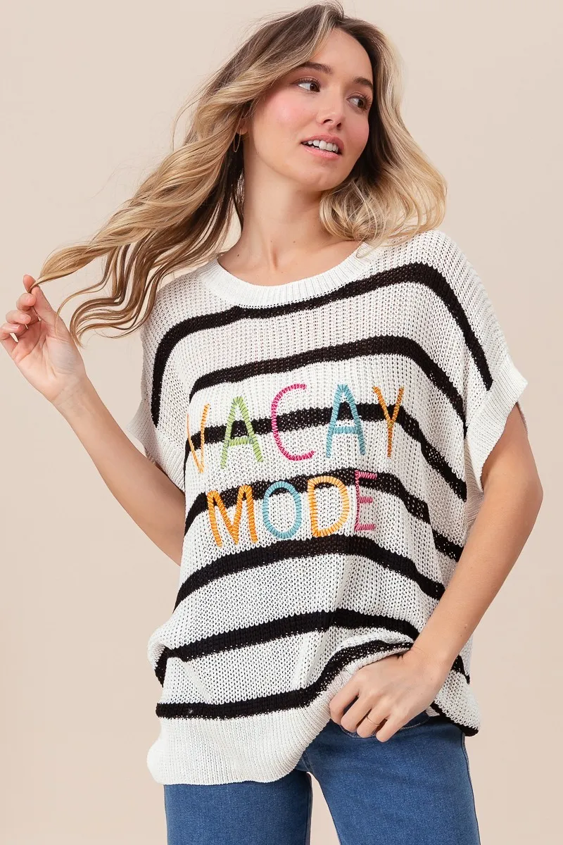 Vacay Mode Lettering Drop Shoulder Striped Sweater, image 4