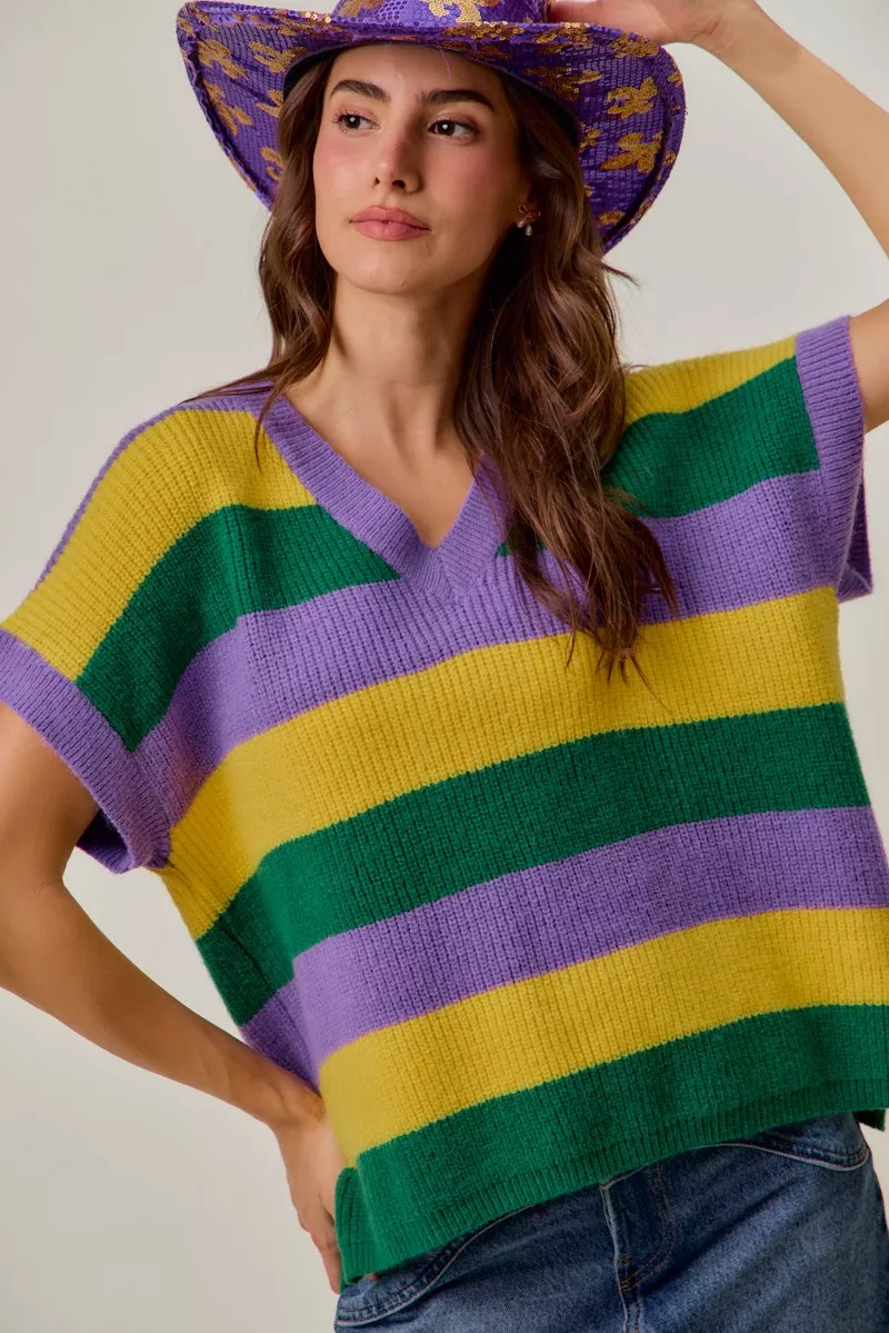 Mardi Gras Loose Fit V Neck Stripe Sweater Top, image 7