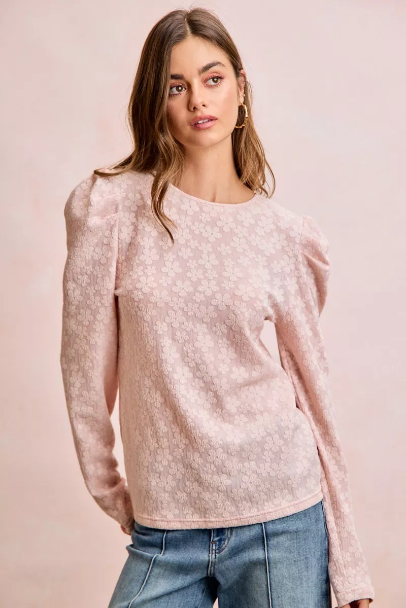 Textured Flower Knit Puff Shoulder Top, image 2