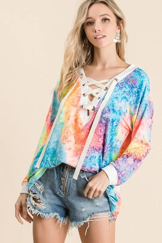 Tie Dye Deep V-neck Top With Lace Up Front