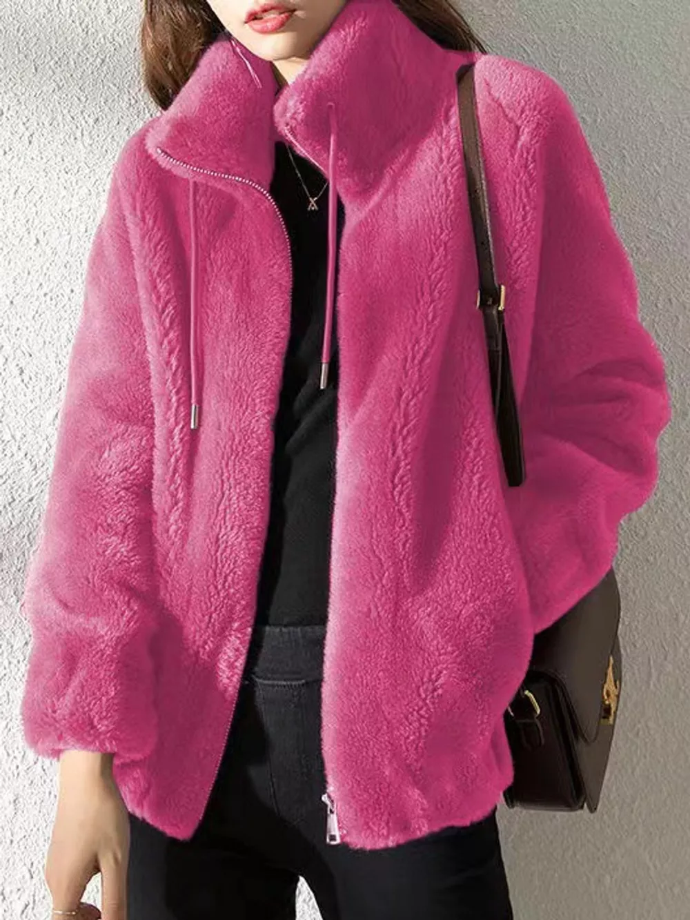 Full Size Drawstring Faux Fur Stand-Collar Zip-Up Outerwear Plus Size, image 35