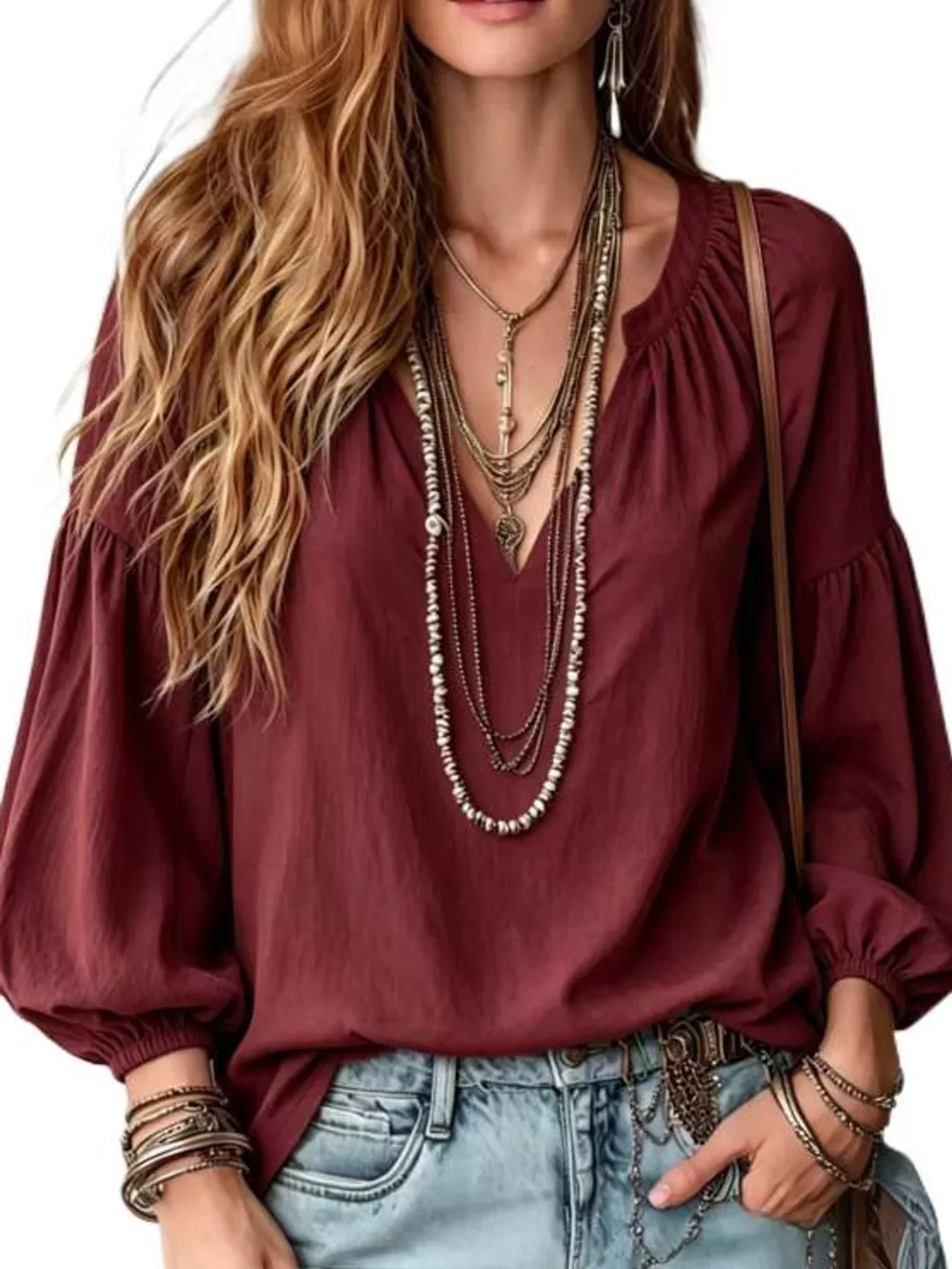 Full Size Notched Balloon Sleeve Blouse Plus Size, image 16