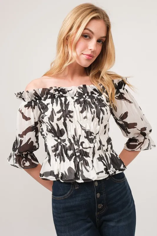 Smocked Off-Shoulder Floral Printed Top, image 2