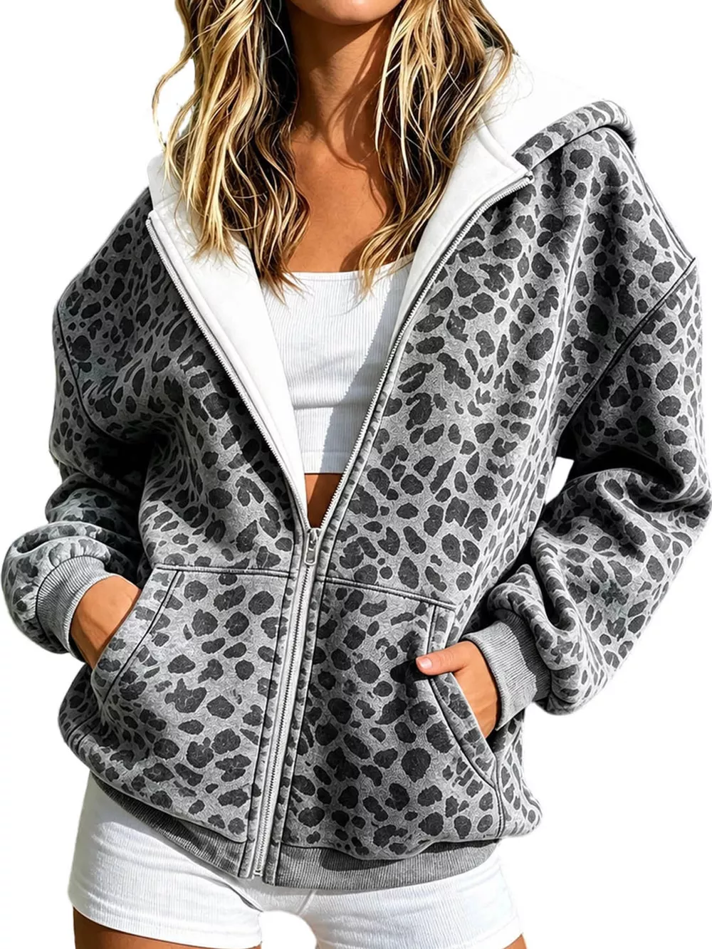 Full Size Leopard Zip Up Hoodie Plus Size, image 5