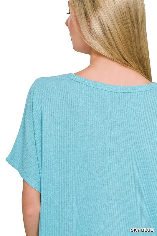 Ribbed V-Neck Short-Sleeve Knit Top, image 3
