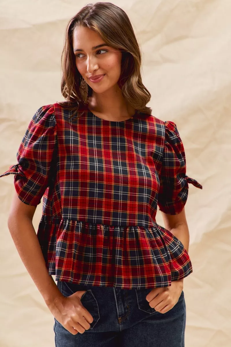 Christmas Holiday Plaid Ribbon Short Sleeves Top, image 3