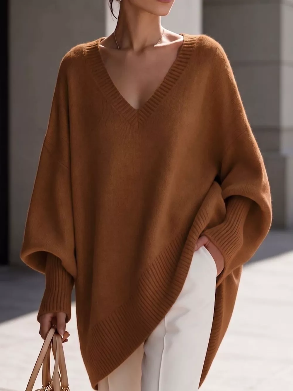 Full Size V-Neck Oversized Batwing Sleeve Sweater Plus Size, image 34