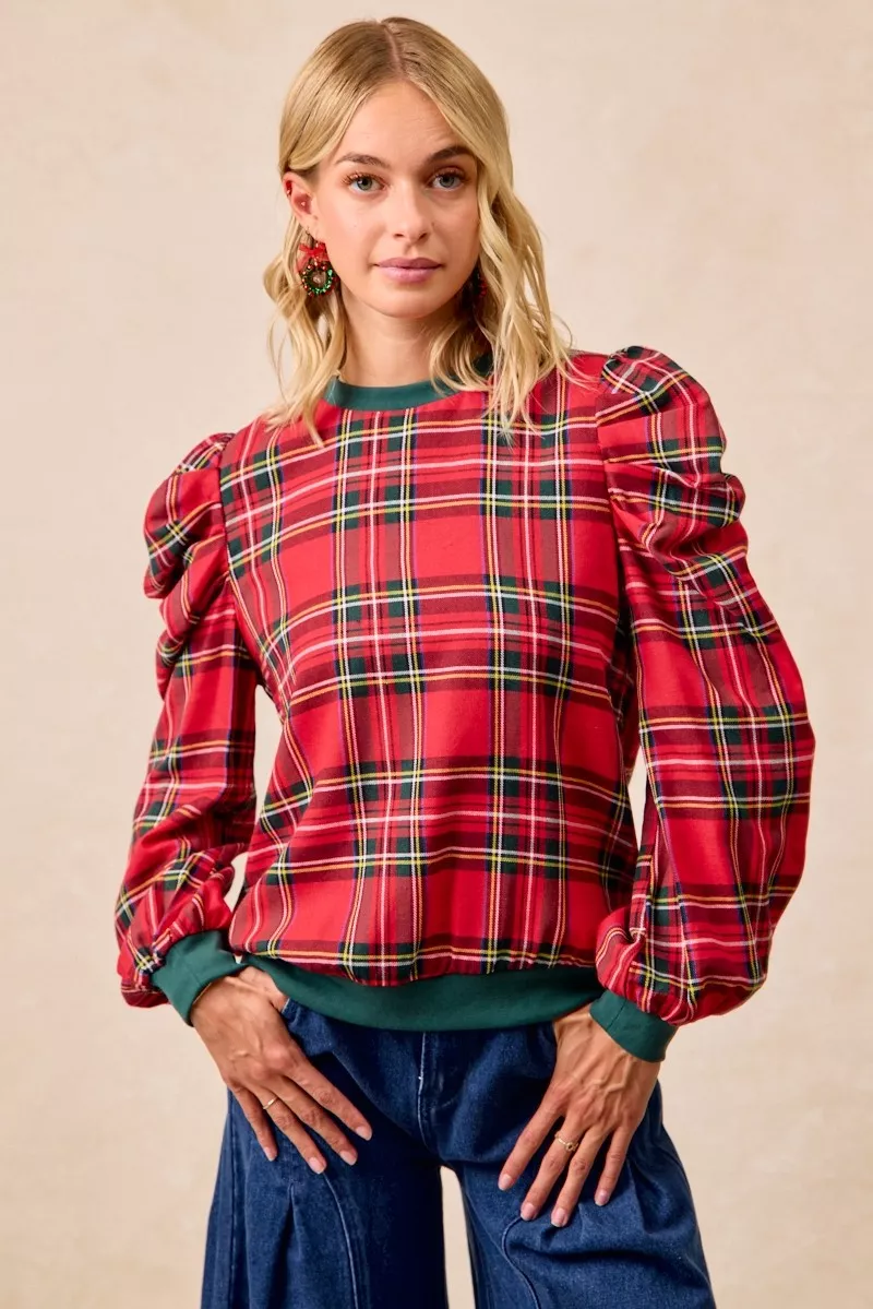 Christmas Plaid Exaggerated Shoulder Sleeves Top