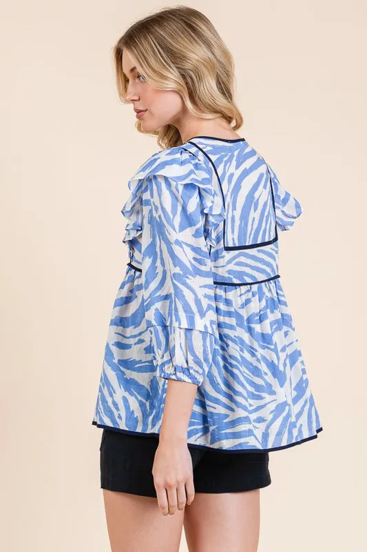 Graphic Print Solid Trim Quarter Sleeve Blouse, image 2