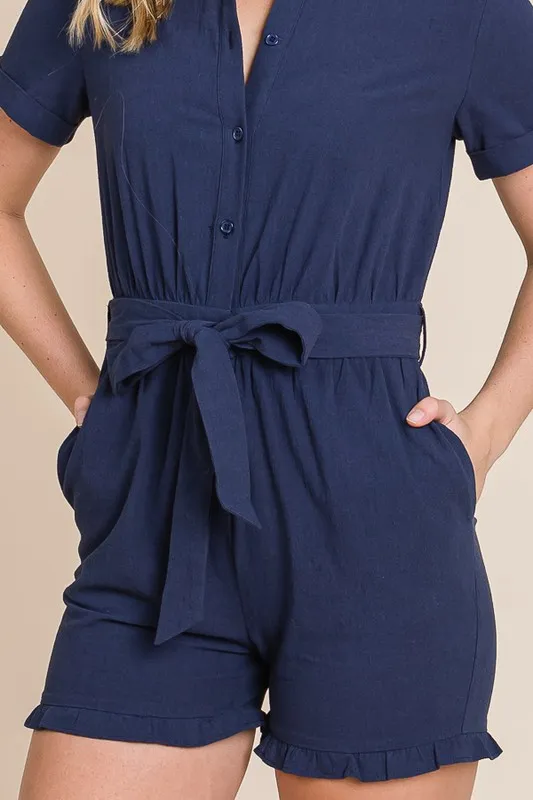 Collared Button Down Romper with Tie Belt, image 7
